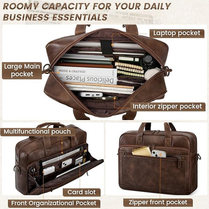 RAINSMORE Mens Laptop Bag 16 Inch Leather Briefcase Vintage Messenger Bag for Men Large Crossbody Shoulder Office Computer Bag Retro College Satchel Bag for Work, Business,Travel, Dark Brown