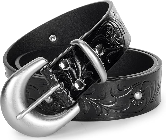 Mealah Vintage Western-Cowboy-Belt for Women Men - Carved Buckle PU Leather Waist Belts (for Waist 28"-38")