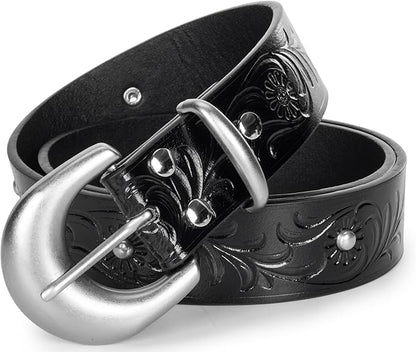 Mealah Vintage Western-Cowboy-Belt for Women Men - Carved Buckle PU Leather Waist Belts (for Waist 28"-38")
