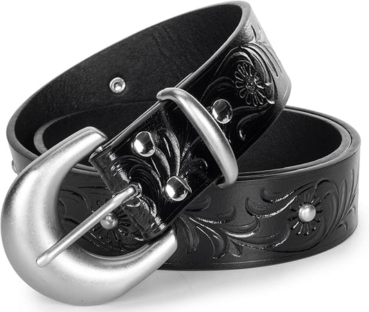 Mealah Vintage Western-Cowboy-Belt for Women Men - Carved Buckle PU Leather Waist Belts (for Waist 28"-38")
