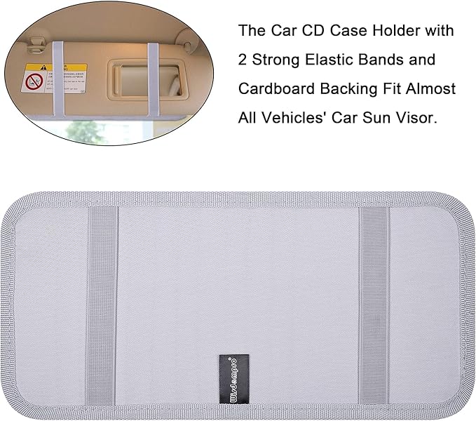 Car CD Case Holder, Wisdompro Vehicle Sun Visor Organizer for Cars with 12 DVD Storage Sleeves, 1 Mesh Pocket, 1 Pen Holder and Elastic Strap, Gray