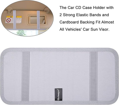 Car CD Case Holder, Wisdompro Vehicle Sun Visor Organizer for Cars with 12 DVD Storage Sleeves, 1 Mesh Pocket, 1 Pen Holder and Elastic Strap, Gray