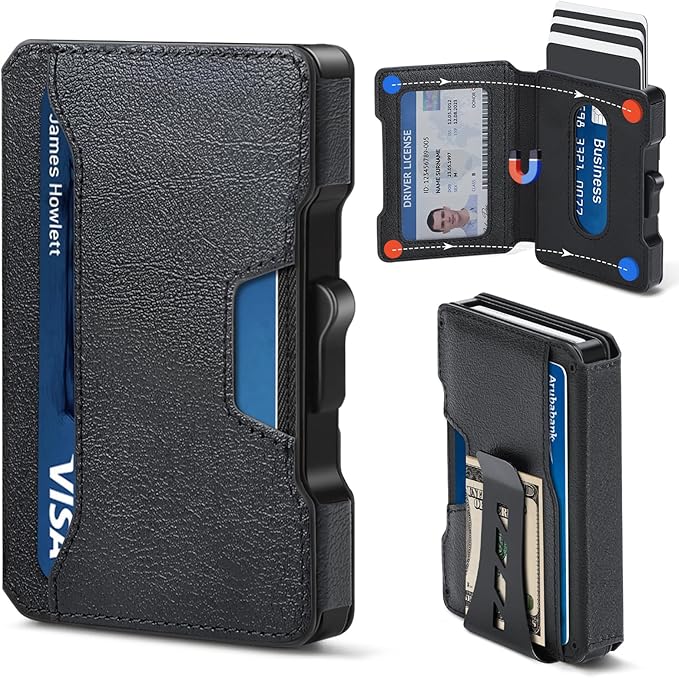 Slim Wallet for Men - Minimalist Mens Wallet with Money Clip, Aluminum Pop Up Card Case and Leather Slots Credit Card Holder RFID Blocking Wallet for Men with Gift Box