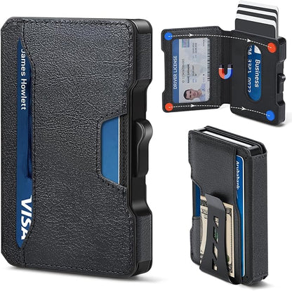 Slim Wallet for Men - Minimalist Mens Wallet with Money Clip, Aluminum Pop Up Card Case and Leather Slots Credit Card Holder RFID Blocking Wallet for Men with Gift Box