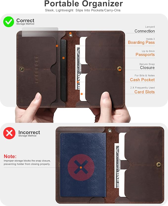 RFID Blocking Leather Passport Holder for Travel with AirTag Slot, Slim Passport Cover Travel Wallet for Women Men, Travel Must Haves Gifts (Dark Brown)