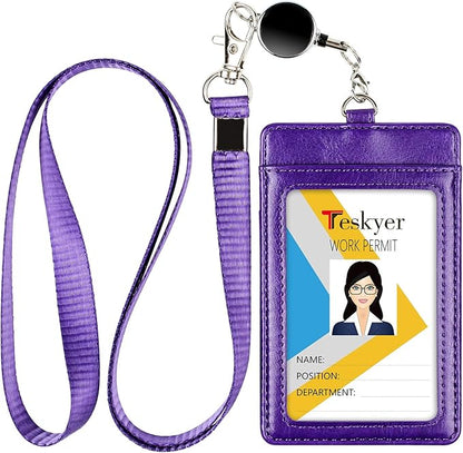Teskyer Leather Badge Holder with Lanyard and Badge Reel, Retractable Lanyard ID Card Holder for Office School Name Work IDs, Purple
