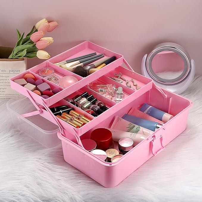Tackle Box, 16-Inch Extra Large Art Storage Box with 3-Layer Folding Trays, Multipurpose Craft Organizers and Storage w/ Adjustable Dividers, Portable Tool Box for Sewing Supplies,Medicine &Cosmetics