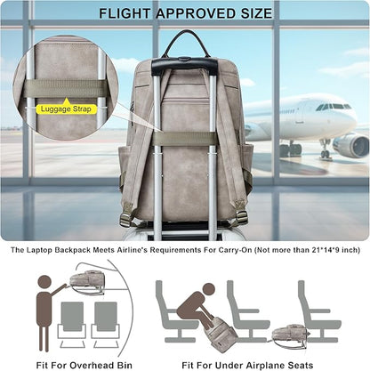 Leather Laptop Backpack for Women 15.6 Inch Laptop Travel Backpack Purse Casual Daypack with Laptop Compartment for College Work Nurse Business Weekender, Grey