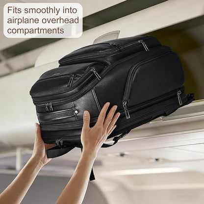 Vegan Leather Backpack, 40L Expandable, TSA Travel Backpack for Men and Women, Fits 17.0 Inch Notebook with Luggage Strap and USB Port, Black