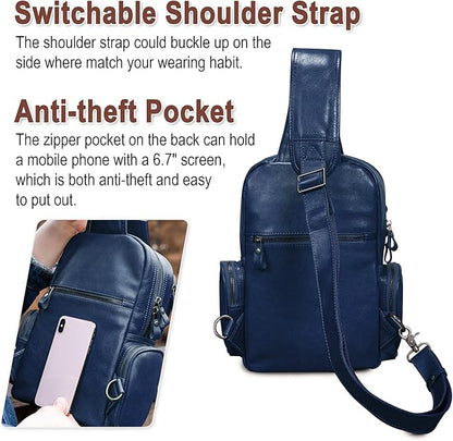 Genuine Leather Sling Bag for Men Large Crossbody Shoulder Bag Casual Sling Backpack Anti-Theft Travel Chest Purse