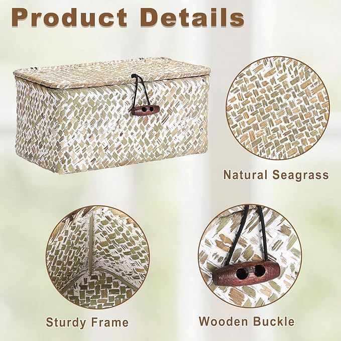 Hipiwe Mini Seagrass Basket with Lid Decorative Shelf Basket Box Multipurpose Desktop Organizer, Whitewash 7.0" x 4.3" x 3.3"