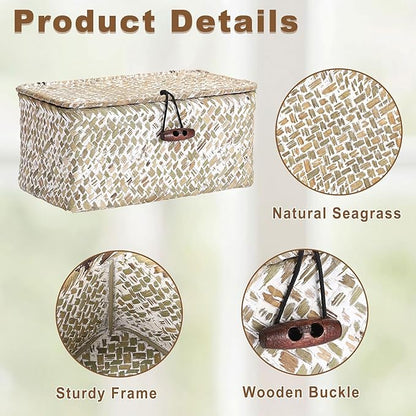 Hipiwe Mini Seagrass Basket with Lid Decorative Shelf Basket Box Multipurpose Desktop Organizer, Whitewash 7.0" x 4.3" x 3.3"