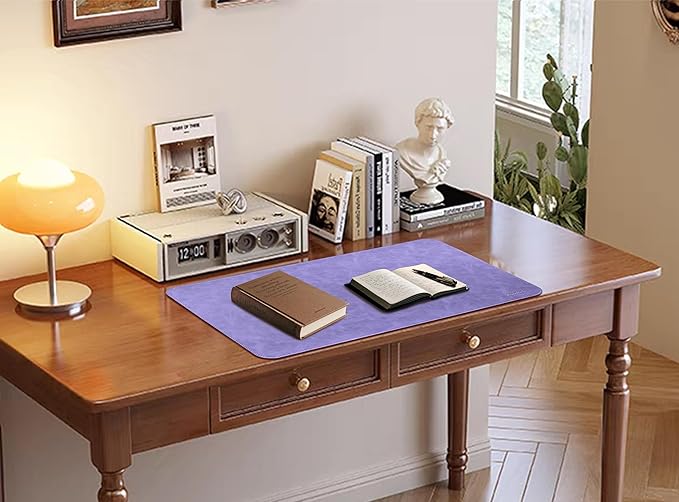 Leather Desk Mat, 23.6"x13.8" Non-Slip PU Leather Desk Pad, Thick Desk Blotter with Stitched Edge, Retro Large Mouse Pad, Laptop Pad for Office & Home Use (Purple)
