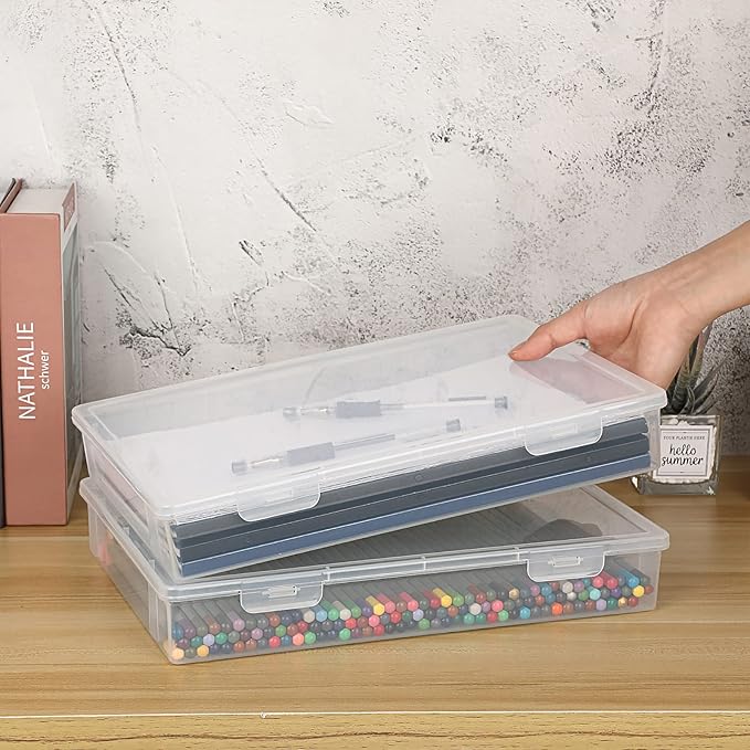 BTSKY Clear Plastic Storage Box with Flap Lid, Multipurpose Craft Organizers and Storage Box Art Supply Storage Organizer Plastic Sewing Box for Pencils Markers Notebooks A4 Files, 3 Pack Large