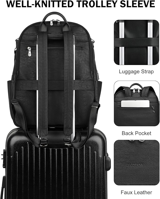 FADEON 15.6 inch Laptop Backpack Purse for Women Designer PU Leather Computer Backpacks Fashion for Work Travel Black
