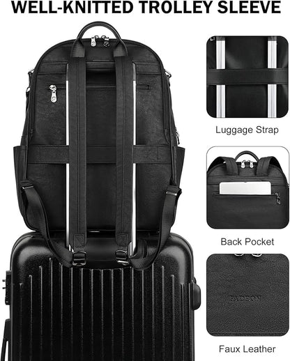 FADEON 15.6 inch Laptop Backpack Purse for Women Designer PU Leather Computer Backpacks Fashion for Work Travel Black