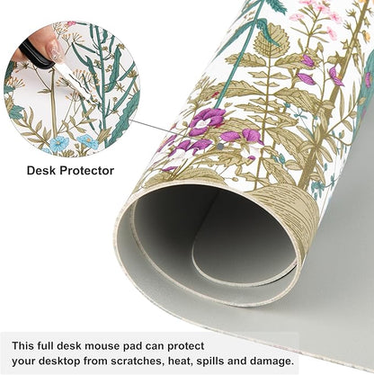 QIYI Large Mouse Pad, Floral Desk Mat for Desktop, Wildflowers Herbs PU Leather Waterproof Gaming Mousepad, Computer Laptop Desk Accessories Protector Writing Pads for School Office Home 31.5" x 15.7"