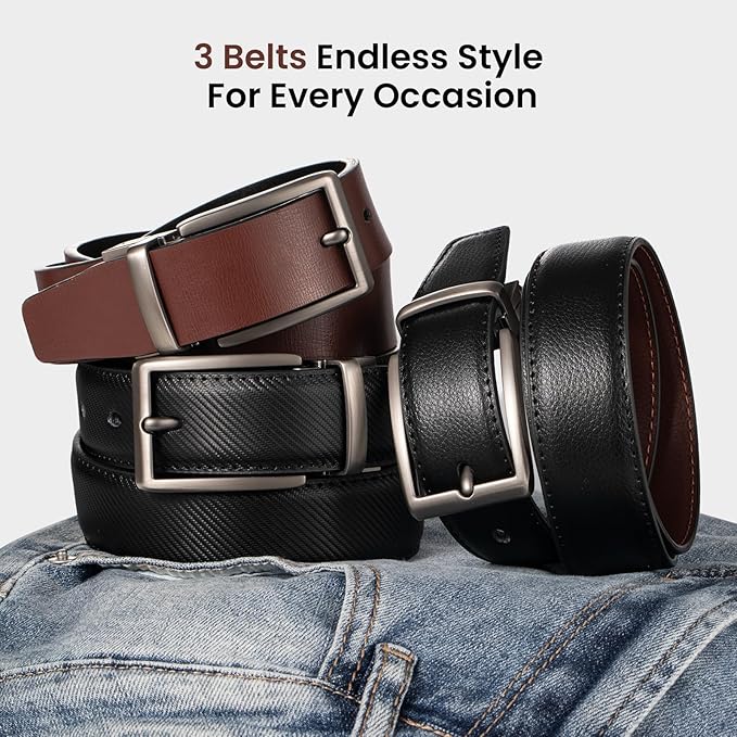 LMUGOOS 3 Pack Mens Belt Reversible Genuine Leather Belts - Adjustable & Cuttable 1.2" for Dress, Business, Casual & Jeans