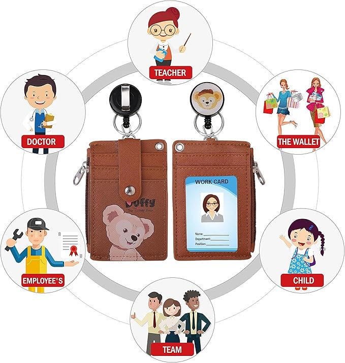 【2025 Latest】Cute ID Badge Holder Retractable Lanyard Reel Clip with Heavy Duty Carabiner, 5 Card Slots in 2 Sided with Key Ring and Zipper for Women Students Teens Girls Office Staff (Brown Duffy)