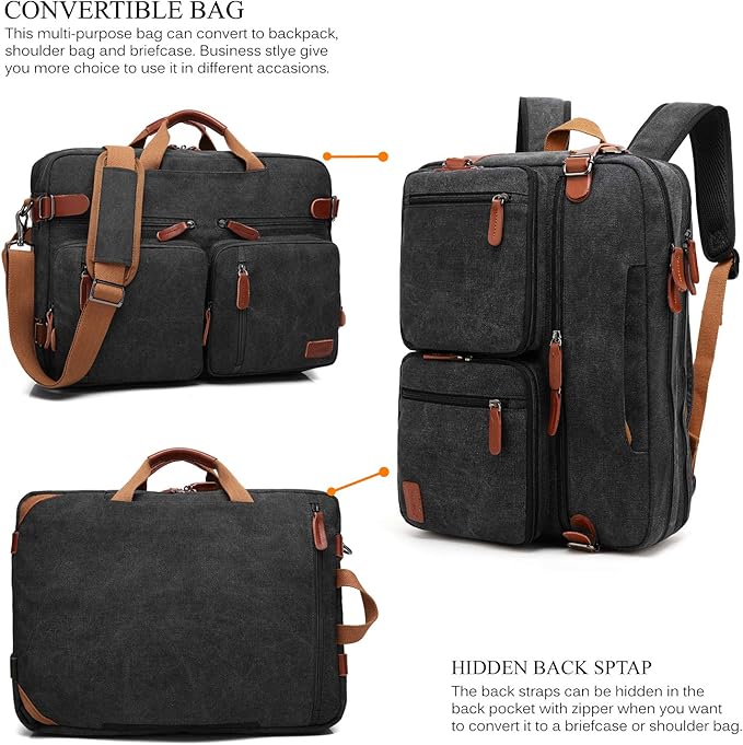 CoolBELL Convertible Backpack Messenger Shoulder bag Laptop Case Handbag Business Briefcase Multi-functional Travel Rucksack Fits 17.3 Inch Laptop For Men/Women (Canvas Black)