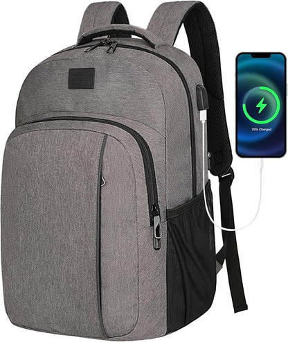 LARIPOP Carry On Backpack for Airplane, 17.3 Inch Laptop Backpack with USB Charging Port, Water Resistant Business Travel Backpack, Lightweight College School Bookbag Anti Theft for Men Women, Grey