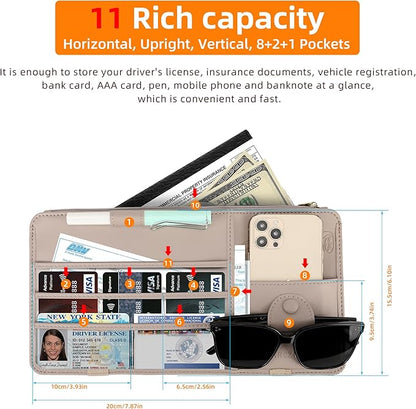 Leather Car Sun Visor Organizer for Cars, Trucks & SUVs: Features Sunglasses Holder, Secure Zipper Pockets, and 6 Clear Windows for Registration, Driver's License, and Insurance Card（Grey）