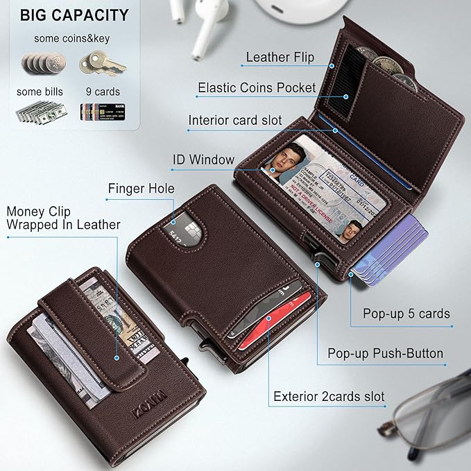 miyozi Wallet for Men, Magnetic Minimalist Slim Wallet with Pop Up Card Holder, 9 Cards RFID Blocking Metal Credit Card Case, Leather Wrapped Money Clip, ID Window & Small Item Slot, Gift Boxed