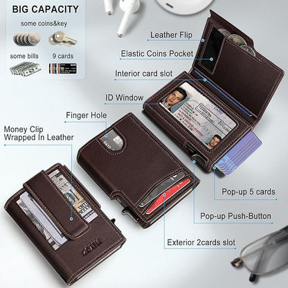 miyozi Wallet for Men, Magnetic Minimalist Slim Wallet with Pop Up Card Holder, 9 Cards RFID Blocking Metal Credit Card Case, Leather Wrapped Money Clip, ID Window & Small Item Slot, Gift Boxed