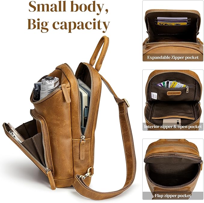 S-ZONE Sling Bag for Women Men Genuine Leather Vintage Crossbody Chest Bags Backpack Daypack Outdoor Travel