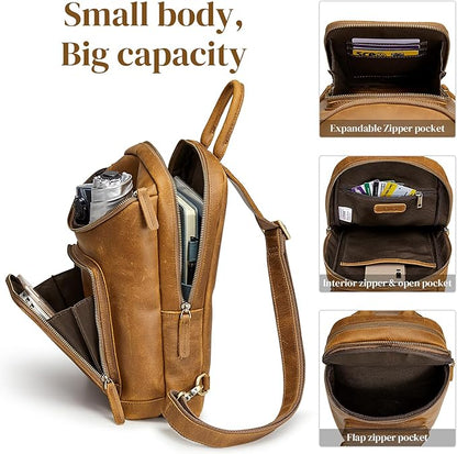 S-ZONE Sling Bag for Women Men Genuine Leather Vintage Crossbody Chest Bags Backpack Daypack Outdoor Travel
