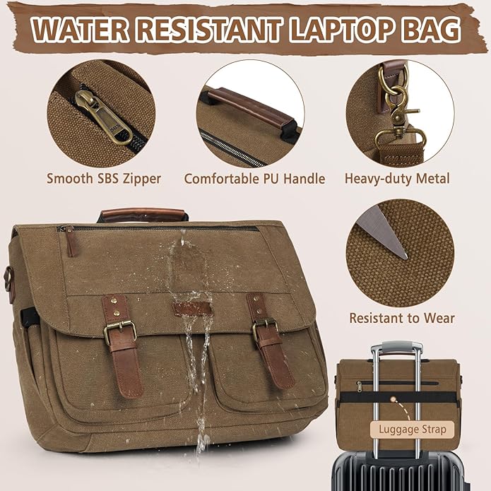RAINSMORE Messenger Bag for Men, 15.6-17.3 inch Laptop Bag, Canvas Briefcase with Luggage Strap, Satchel for College Work