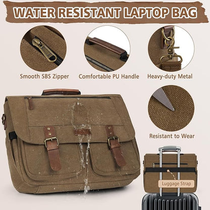 RAINSMORE Messenger Bag for Men, 15.6-17.3 inch Laptop Bag, Canvas Briefcase with Luggage Strap, Satchel for College Work