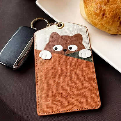 PU Leather ID Badge Holder with Keychain - Cartoon Animal Cute ID Badge Holder, 3 Card Slots for Professionals, Students, Nurse Officer, School Women Girls Boys (Brown)