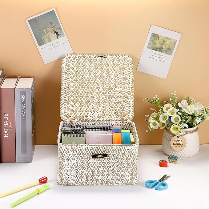Hipiwe Handwoven Seagrass Basket with Lid Square Wicker Basket Bin Closet Storage Box Multipurpose Household Organize Container for Home Decor, Small,Whitewash
