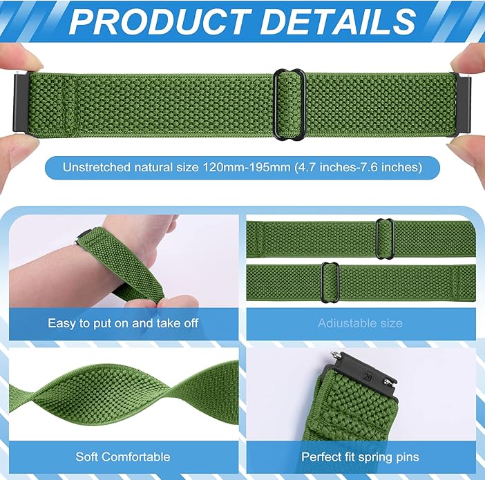 Compatible with 16mm 18mm 19mm 20mm 22mm 24mm Watch Bands Quick Release Replacement Wristband,Adjustable Stretchy Nylon Solo Loop Straps Fabric Braided Sport Elastic Bands for Men Women