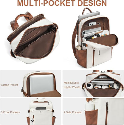 Leather Laptop Backpack for Women, 15.6 Inch Laptop Travel Backpack Purse Large Capacity Computer Bag, Casual Daypack Nurse Bag College Bookbag for School, Beige