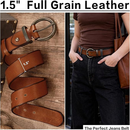 Women's 1.5 inch Leather Belt with Large Brass Buckle - Trendy Vintage Style for Jeans and Pants