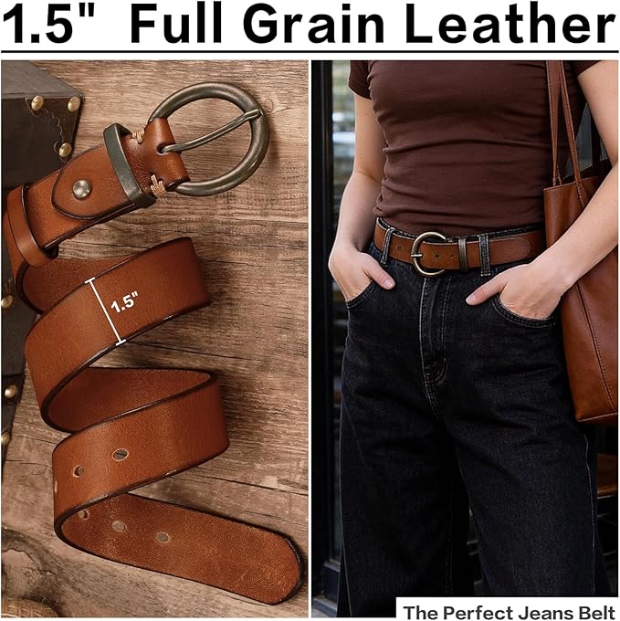 Women's 1.5 inch Leather Belt with Large Brass Buckle - Trendy Vintage Style for Jeans and Pants
