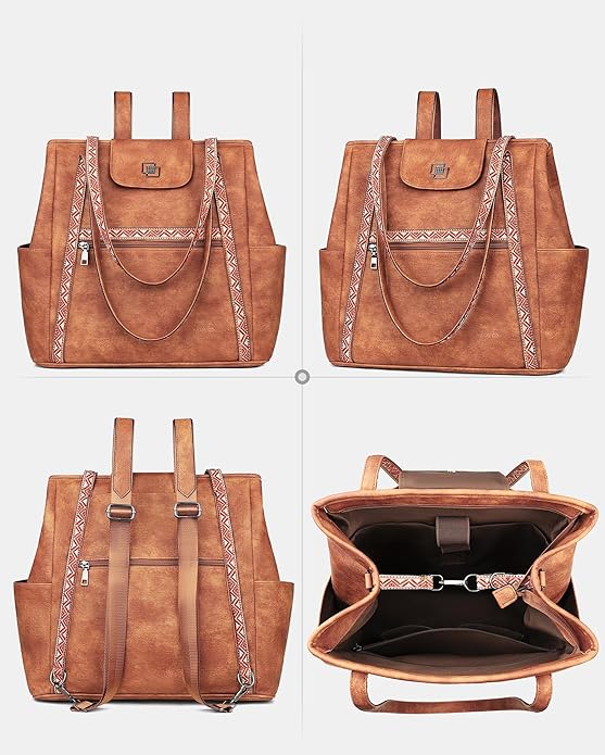 FADEON Large Laptop Tote Bag for Women Designer Leather Laptop Bag Fashion Travel Backpack Purse Shoulder Handbag