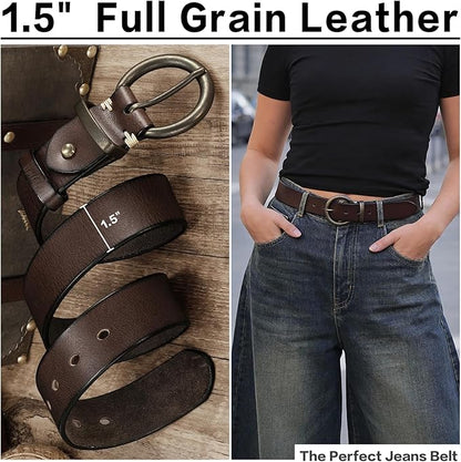 Women's 1.5 inch Leather Belt with Large Brass Buckle - Trendy Vintage Style for Jeans and Pants