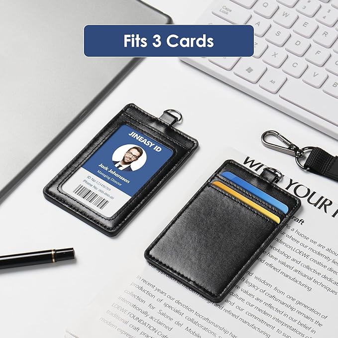 JINEASY ID Black Lanyard with ID Holder, Leather Badge Holder with Lanyard for Work Key Cards