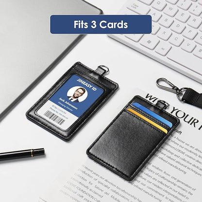 JINEASY ID Black Lanyard with ID Holder, Leather Badge Holder with Lanyard for Work Key Cards