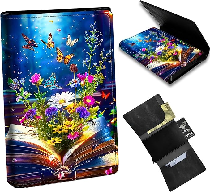Minimalist Wallet for Men's Card Holders, Pop-Up Card Case Durable Wallets for Women, Leather Automatic Credit Card Holder with Metal Money Clip RFID Blocking Bifold Pocket, Book Flower