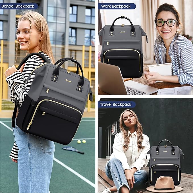 LOVEVOOK Leather Backpack for Women,17 inch Leather Laptop Backpacks Women,Professional Work Backpacks Nurse College Teacher Bag,Womens Laptop Tote Bag Computer Travel Backpack Purse,Smoky Gray-Black