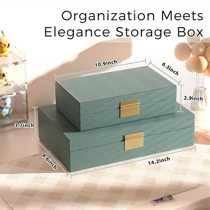 Decorative Storage Boxes Set of 2 - Multi-Purpose Beautiful PU Leather Organizer Bins for Your Home Decor - Decorative Containers with Lids Store Photos, Documents, Memory Box Keepsakes (Green)
