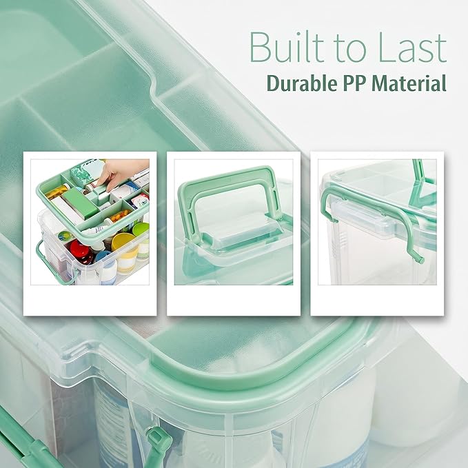 Goaste 15QT Clear Medicine Organizer Box with Handle, Plastic Medicine Container with Detachable Tray, Portable First Aid Bin Empty, Multipurpose Medical Storage Case for Home, Craft Supplies, Green