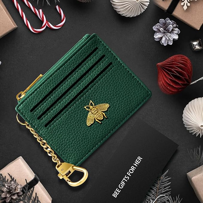 SEAVILIA Card Holder Keychain Wallet for Women with ID Window RFID Blocking Coin Purse Bee Gifts Slim Minimalist Small PU Leather