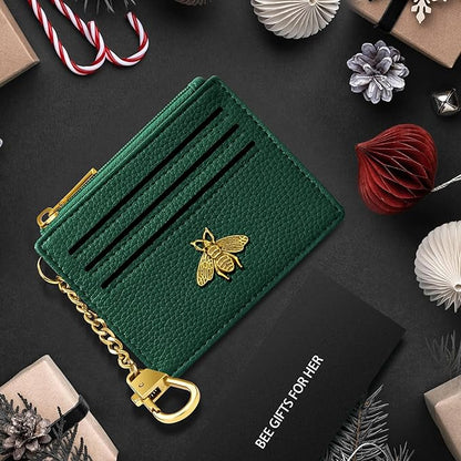 SEAVILIA Card Holder Keychain Wallet for Women with ID Window RFID Blocking Coin Purse Bee Gifts Slim Minimalist Small PU Leather