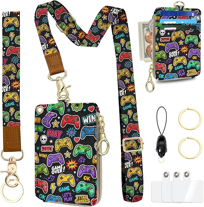 Lanyard Wallet with Id Badge Holder, Game RFID Small Keychain Wallet Women Wristlet, Pu Leather Zipper Credit Card Holder Phone Wrist Neck Strap for Key Name Tag, Teacher Office Gift