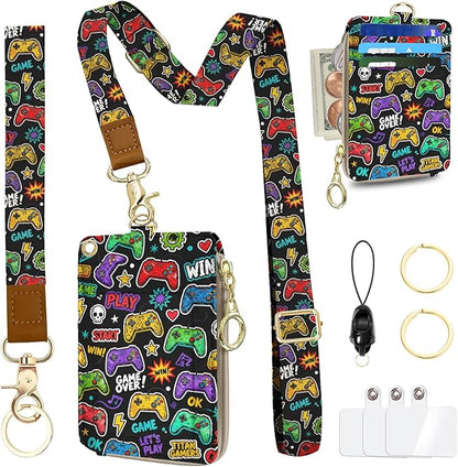 Lanyard Wallet with Id Badge Holder, Game RFID Small Keychain Wallet Women Wristlet, Pu Leather Zipper Credit Card Holder Phone Wrist Neck Strap for Key Name Tag, Teacher Office Gift